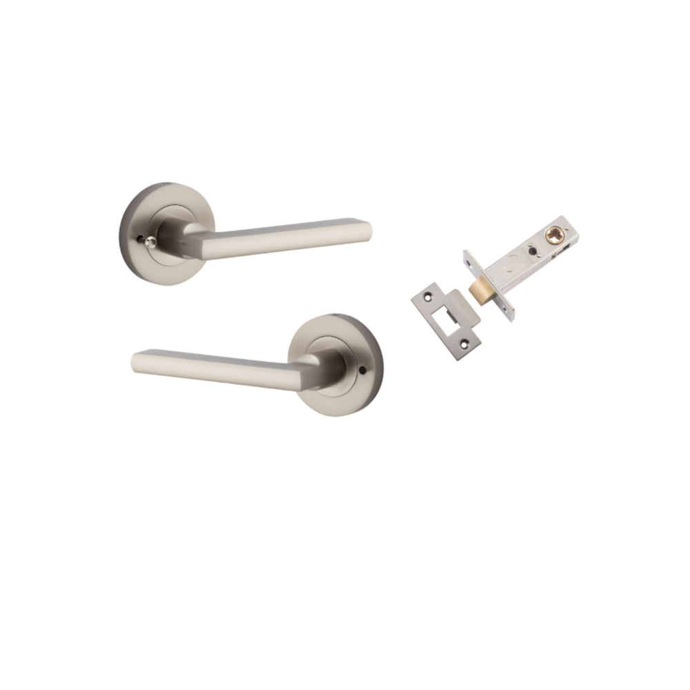 Door Lever Baltimore Round Rose Inbuilt Privacy Pair Satin Nickel D58xP58mm with Tube Latch Privacy with Faceplate & T Striker Backset 60mm in Satin Nickel