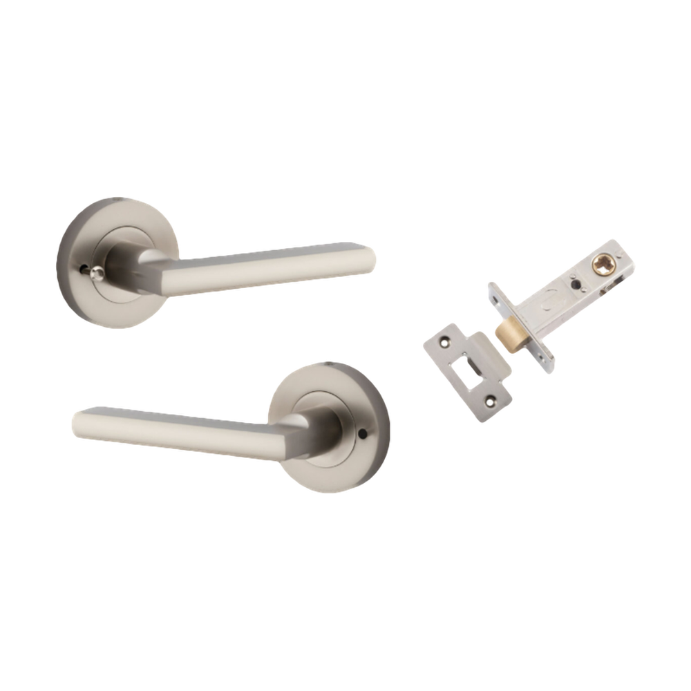 Door Lever Baltimore Round Rose Inbuilt Privacy Pair Satin Nickel D58xP58mm with Tube Latch Privacy with Faceplate & T Striker Backset 60mm in Satin Nickel