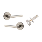 Door Lever Baltimore Round Rose Inbuilt Privacy Pair Satin Nickel D58xP58mm with Tube Latch Privacy with Faceplate & T Striker Backset 60mm in Satin Nickel
