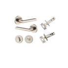 Pair of Iver Baltimore lever door handles on round rose, featuring a sleek, modern design in a polished finish.