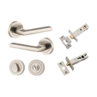 Door Lever Baltimore Round Rose Pair Satin Nickel D52xP58mm Privacy Kit, Tube Latch Split Cam 'T' Striker Satin Nickel Backset 60mm, Privacy Bolt Round Bolt Satin Nickel Backset 60mm, Privacy Turn Oval Concealed Fix Round Satin Nickel D52xP23mm in Satin Nickel