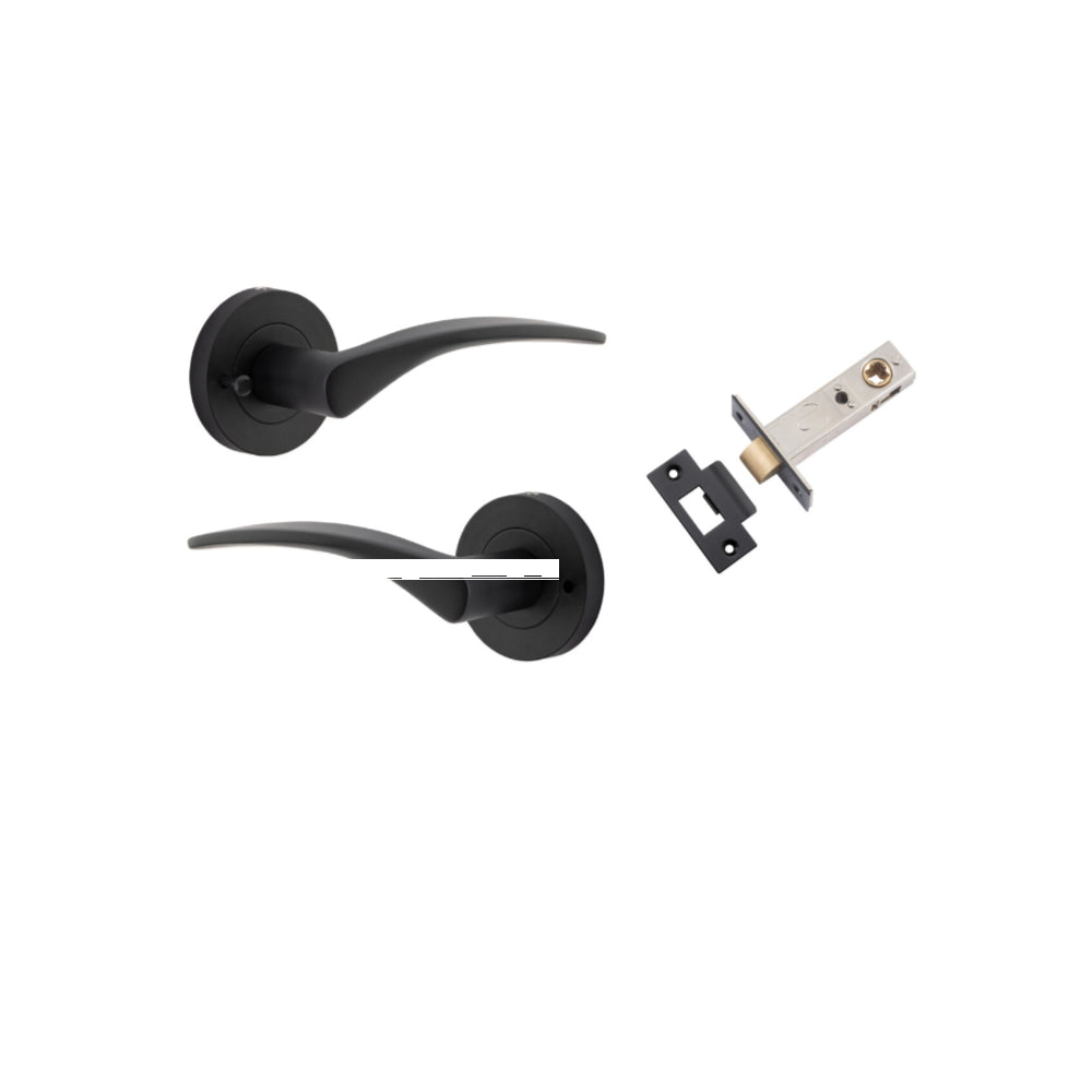 Door Lever Oxford Round Rose Inbuilt Privacy Pair Matt Black D58xP64mm with Tube Latch Privacy with Faceplate & T Striker Backset 60mm in Matt Black