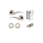 Door Lever Oxford Round Rose Pair Satin Nickel D52xP64mm Entrance Kit, Mortice Lock Euro Satin Nickel CTC85mm Backset 60mm, Euro Cylinder Dual Function 5 Pin Satin Nickel L65mm KA1, Escutcheon Euro Concealed Fix Round Pair Satin Nickel D52xP10mm in Satin
