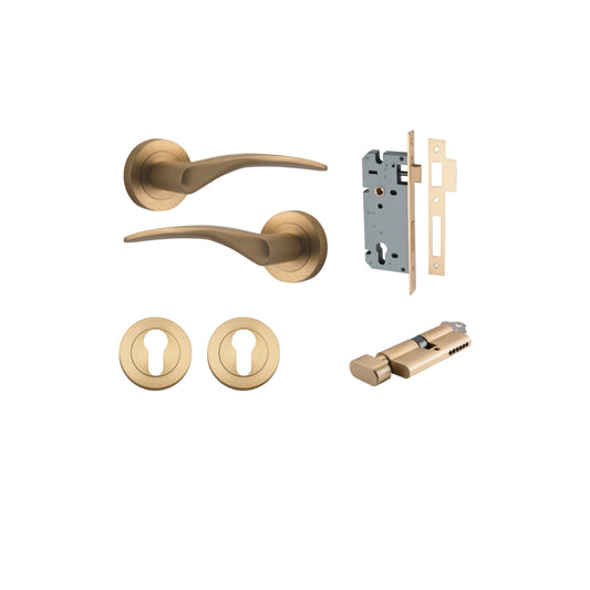 Door Lever Oxford Round Rose Pair Brushed Brass D52xP64mm Entrance Kit, Mortice Lock Euro Brushed Brass CTC85mm Backset 60mm, Euro Cylinder Key Thumb 6 Pin Brushed Brass L70mm  

 KA1, Escutcheon Euro Concealed Fix Round Pair Brushed Brass D52xP10mm in Br