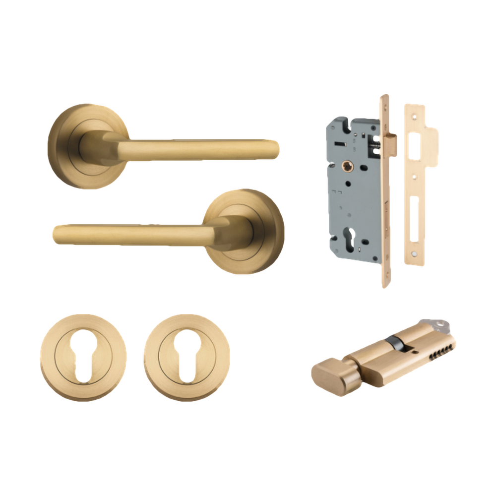 Door Lever Baltimore Round Rose Pair Brushed Brass D52xP58mm Entrance Kit, Mortice Lock Euro Brushed Brass CTC85mm Backset 60mm, Euro Cylinder Key Thumb 6 Pin Brushed Brass L70mm  
 KA1, Escutcheon Euro Concealed Fix Round Pair Brushed Brass D52xP… in Brushed Brass
