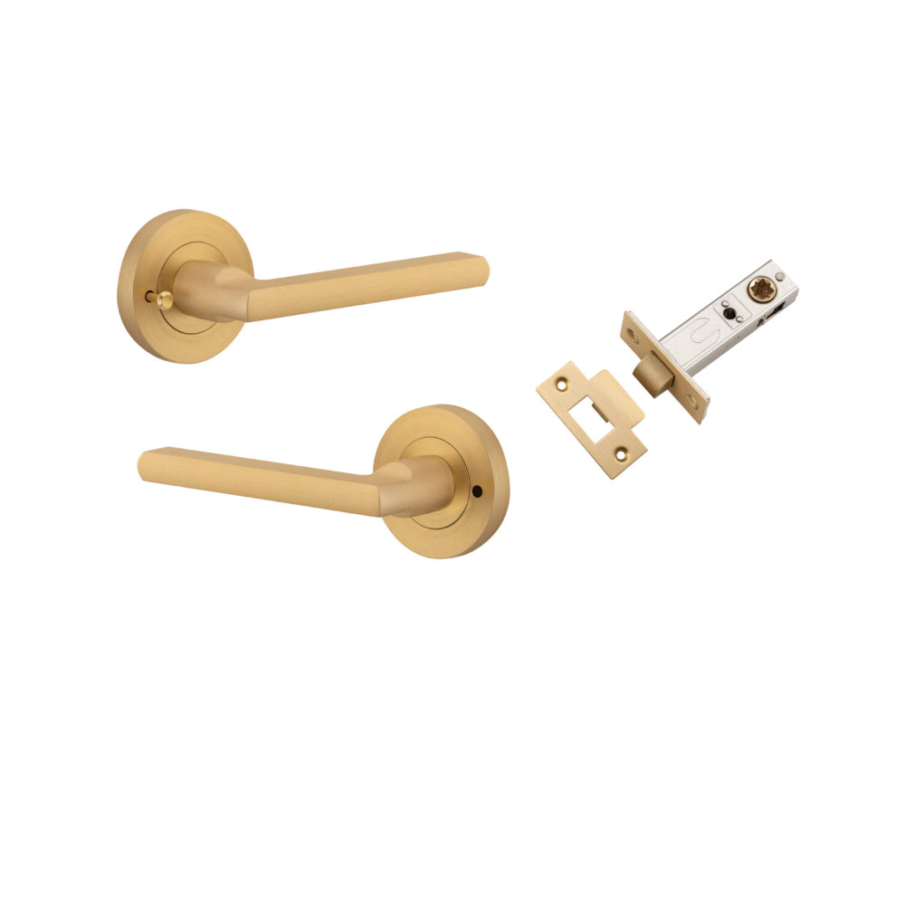Door Lever Baltimore Round Rose Inbuilt Privacy Pair Brushed Brass D58xP58mm with Tube Latch Privacy with Faceplate & T Striker Backset 60mm in Brushed Brass