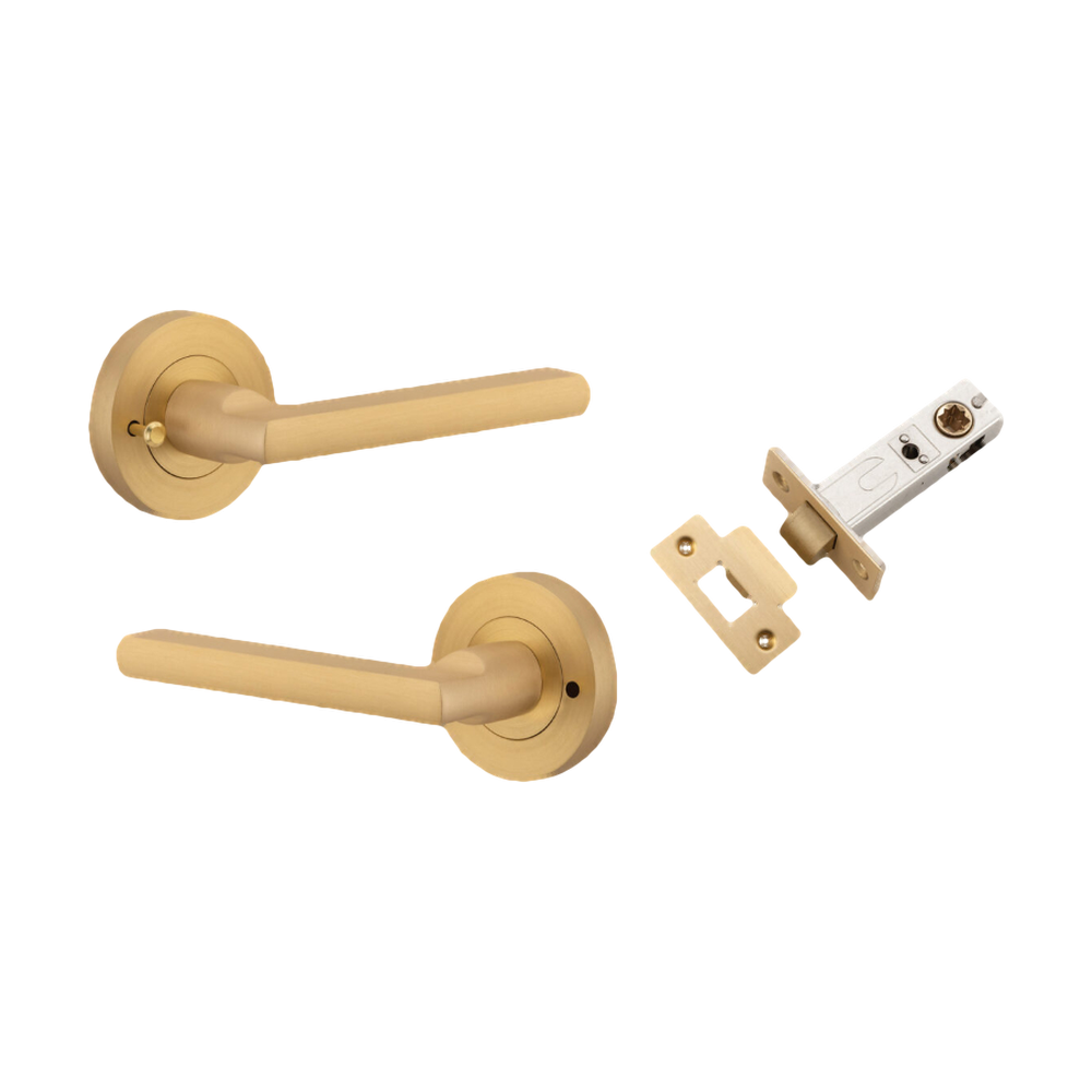 Door Lever Baltimore Round Rose Inbuilt Privacy Pair Brushed Brass D58xP58mm with Tube Latch Privacy with Faceplate & T Striker Backset 60mm in Brushed Brass