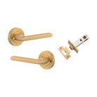 Door Lever Baltimore Round Rose Inbuilt Privacy Pair Brushed Brass D58xP58mm with Tube Latch Privacy with Faceplate & T Striker Backset 60mm in Brushed Brass