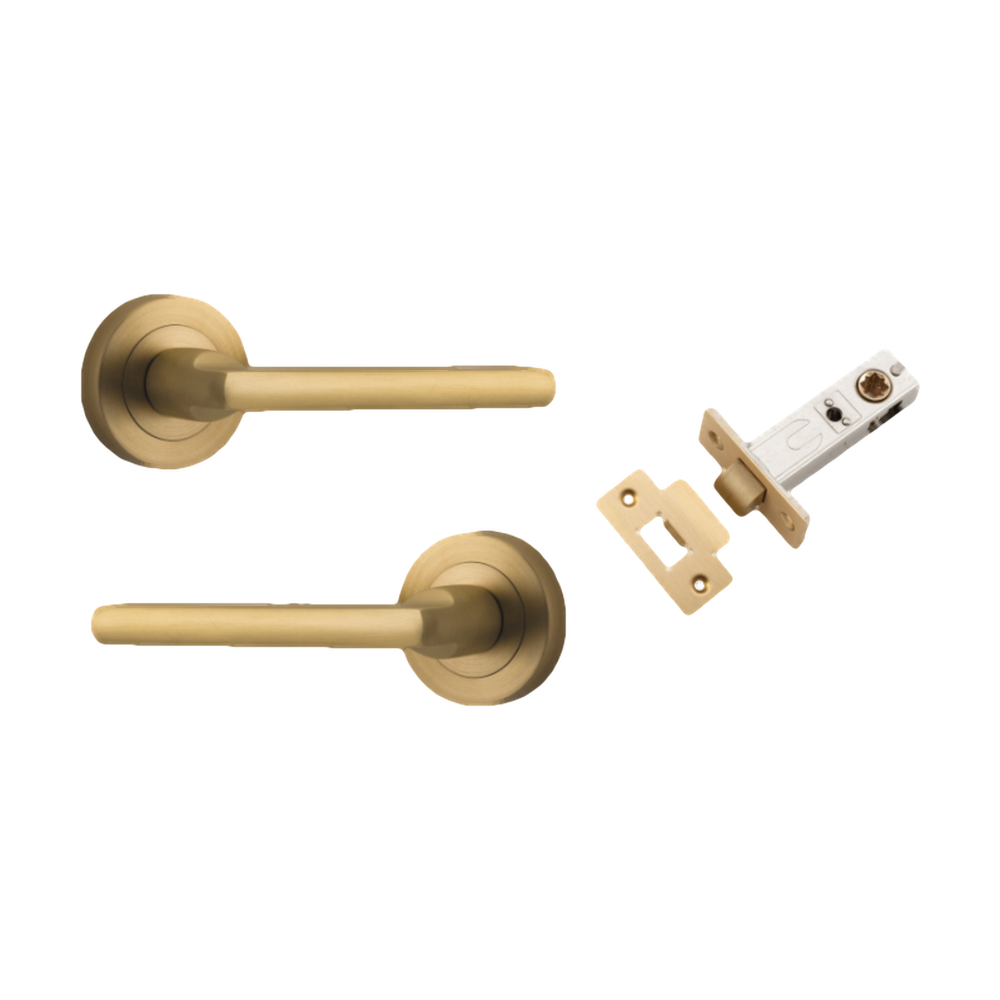 Door Lever Baltimore Round Rose Pair Brushed Brass D52xP58mm Passage Kit, Tube Latch Split Cam 'T' Striker Brushed Brass Backset 60mm in Brushed Brass