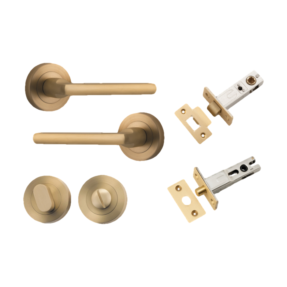Door Lever Baltimore Round Rose Pair Brushed Brass D52xP58mm Privacy Kit, Tube Latch Split Cam 'T' Striker Brushed Brass Backset 60mm, Privacy Bolt Round Bolt Brushed Brass Backset 60mm, Privacy Turn Oval Concealed Fix Round Brushed Brass D52xP23mm in Brushed Brass