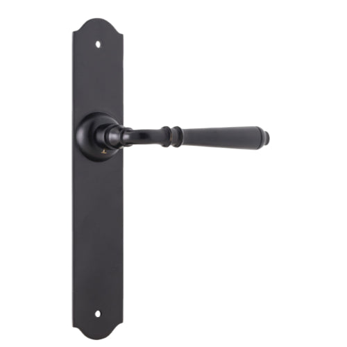 Pair of Tradco Reims lever door handles on long backplates, featuring elegant design and brushed finish for added style.