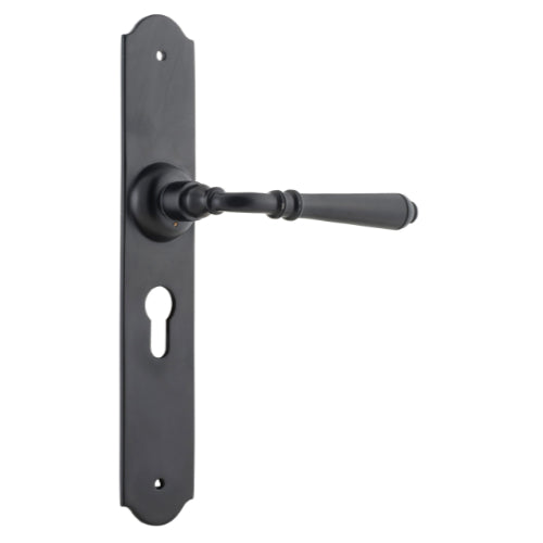 Pair of Tradco Reims Lever handles on long backplates, featuring elegant design and polished finish for doors.