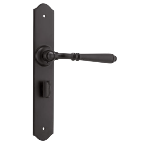 Pair of Tradco Reims Lever handles on long backplates, shown in a close-up of the LHTR9620P model for interior door hardware.