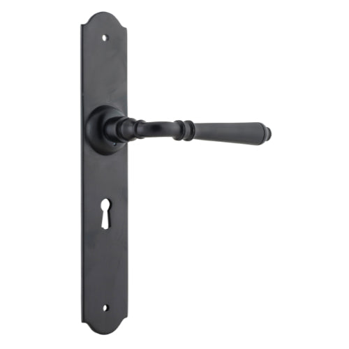 Pair of Tradco Reims lever handles with long backplates, featuring a sleek design and polished finish for interior doors.