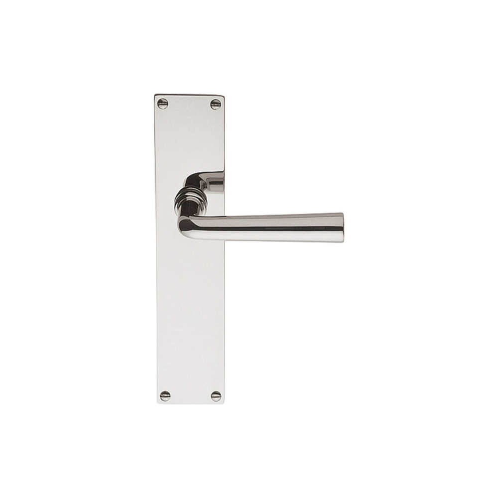 Pair of Formani TIMELESS 1925 lever handles with rectangular backplates, showcasing elegant, modern door hardware.