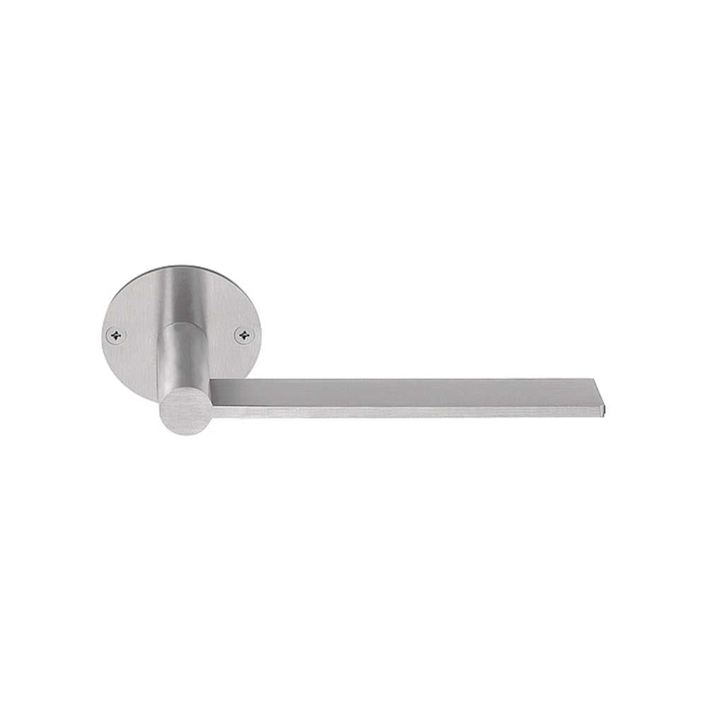 Pair of Formani EDGY lever door handles on round roses, showcasing modern metallic design and sleek hardware craftsmanship.