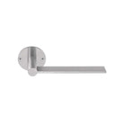 Pair of Formani EDGY lever door handles on round roses, showcasing modern metallic design and sleek hardware craftsmanship.