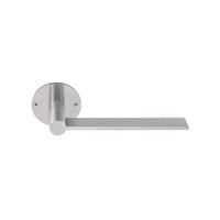 Pair of Formani EDGY lever door handles on round roses, showcasing modern metallic design and sleek hardware craftsmanship.