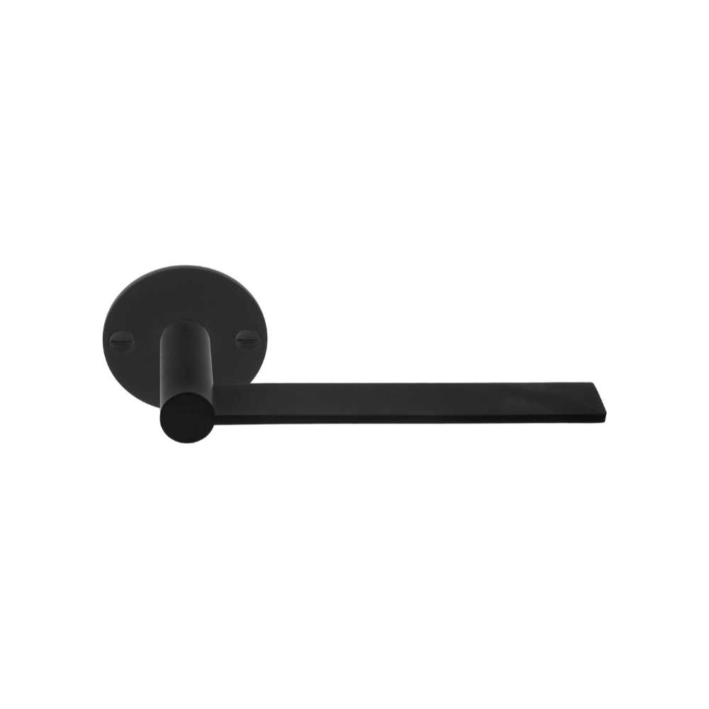 Pair of Formani EDGY lever handles on round rose, modern door hardware with sleek, minimalist design in brushed nickel finish.