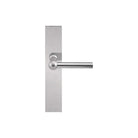Pair of Formani FERROVIA lever handles on rectangular plates, showcasing sleek modern door hardware design.