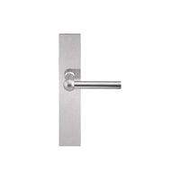 Pair of Formani FERROVIA lever handles on rectangular plates, showcasing sleek modern door hardware design.