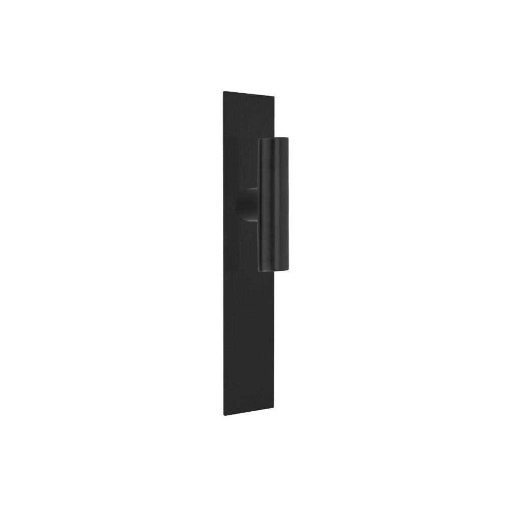 Pair of Formani INC T-Lever door handles with 38mm diameter on rectangular backplate, shown in polished finish.