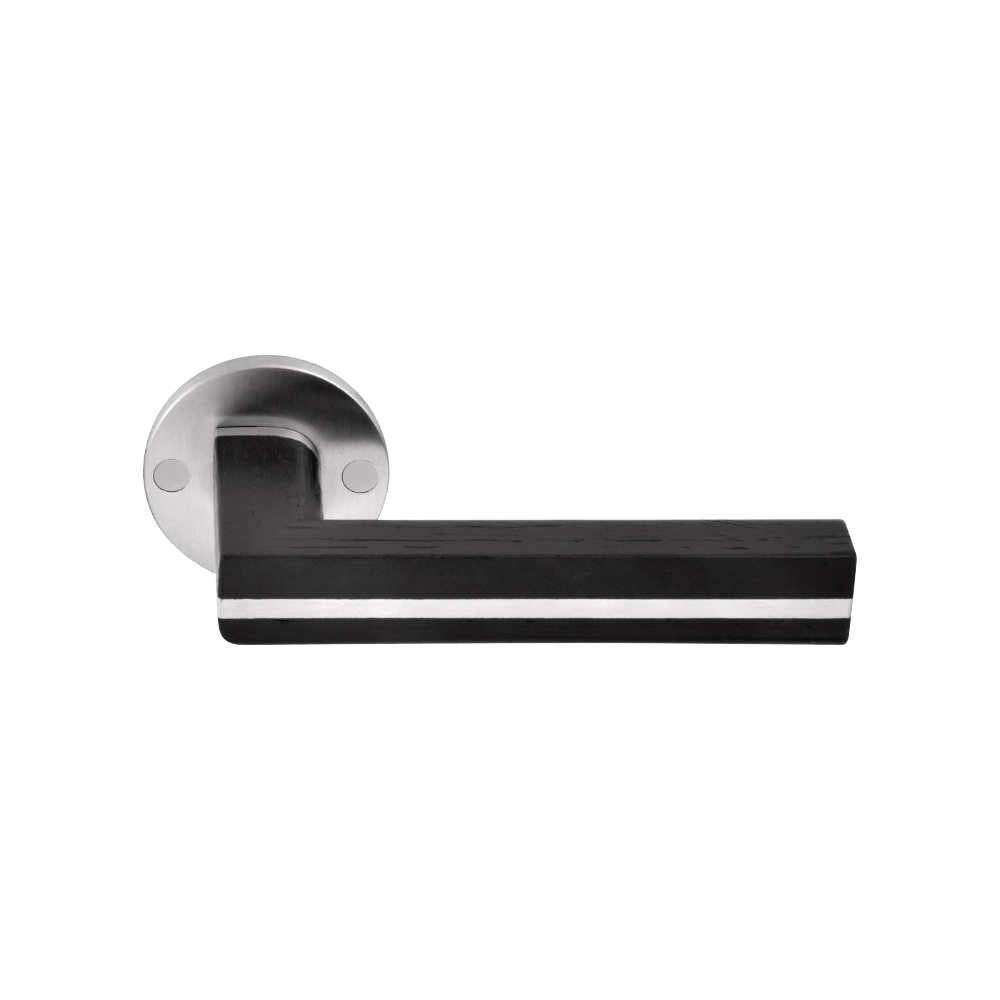 TWO PBL22/50 sprung lever handle on rose satin stainless steel/oak wood black in Black Oak / Satin Stainless Steel