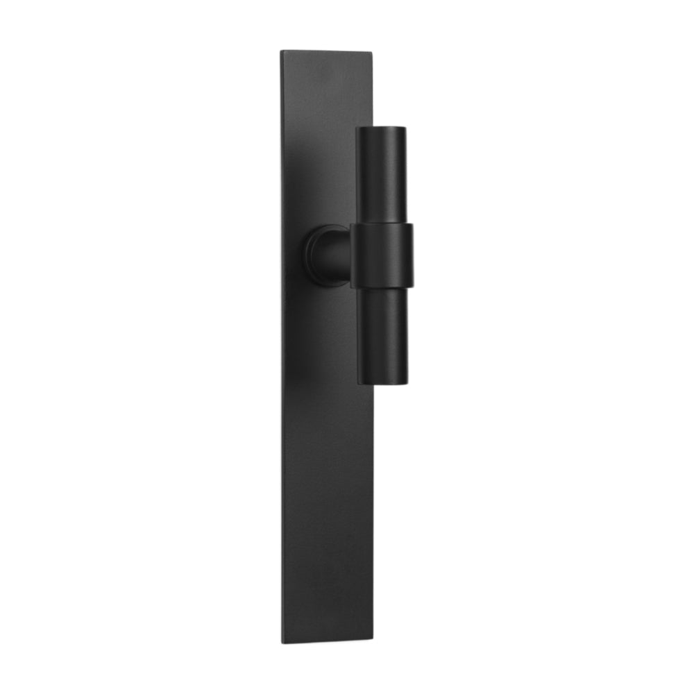 Pair of Formani ONE T-Lever 20Ø on rectangular backplates, modern door handles with sleek design and polished finish.