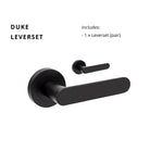 Black Zanda Duke Lever Set showing sleek door handles with modern design on a door.