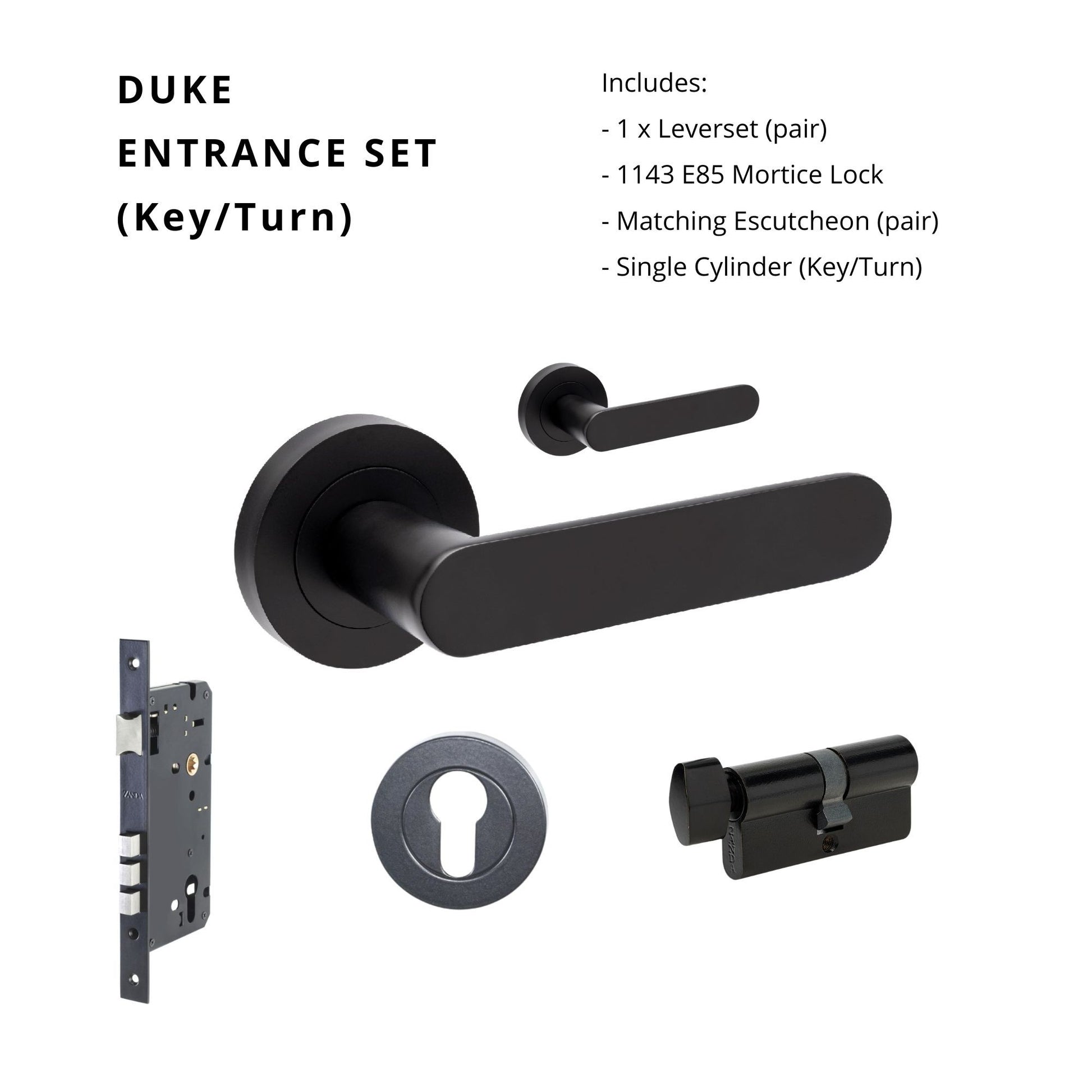 Duke Entrance Set - Includes 10090 Lever, 1143 Mortice Lock, 7020.2 Euro Esc. & 1148 Euro Cylinder (70mm Key/Turn) in Matt Black