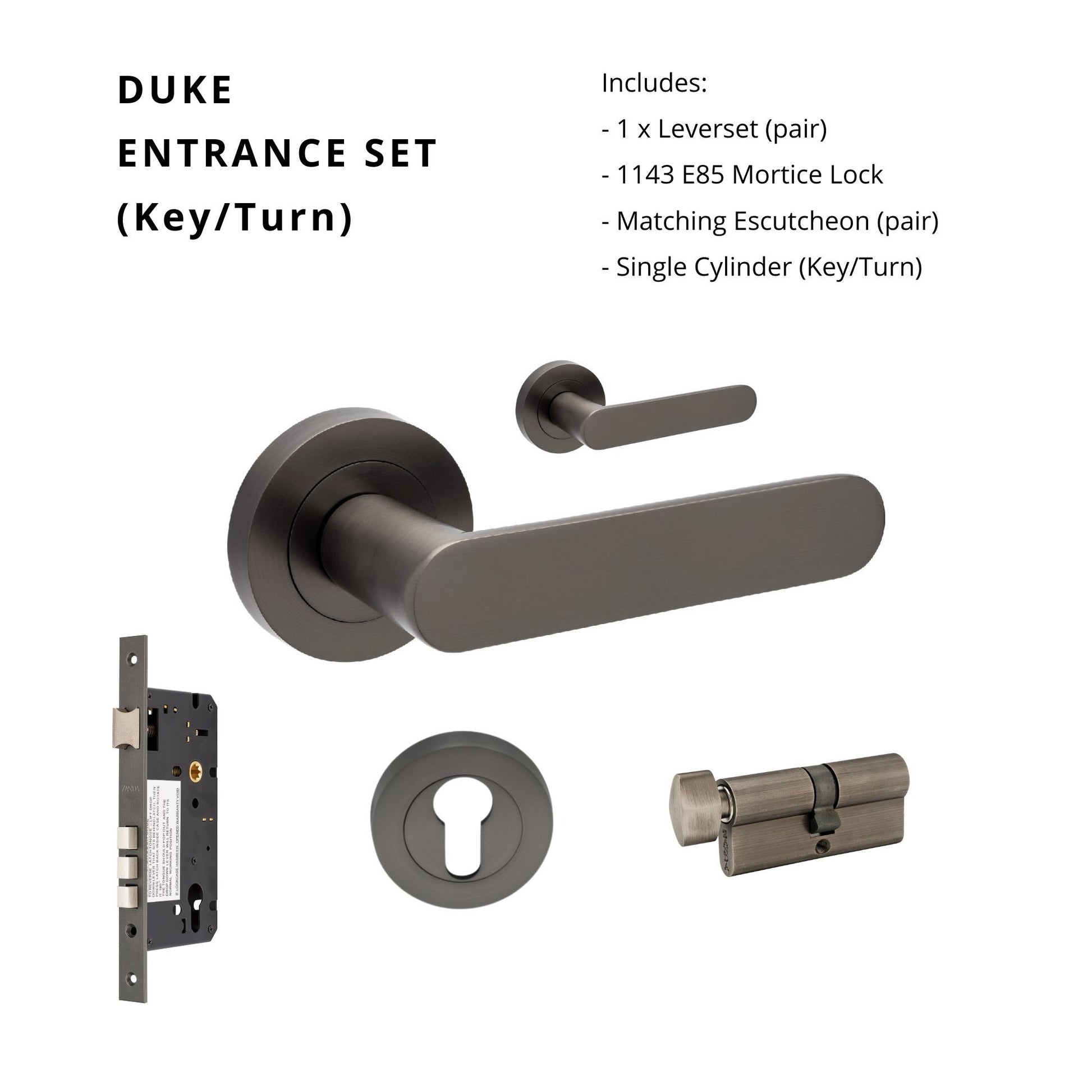 Duke Entrance Set - Includes 10090 Lever, 1143 Mortice Lock, 7020.2 Euro Esc. & 1148 Euro Cylinder (70mm Key/Turn) in Graphite Nickel