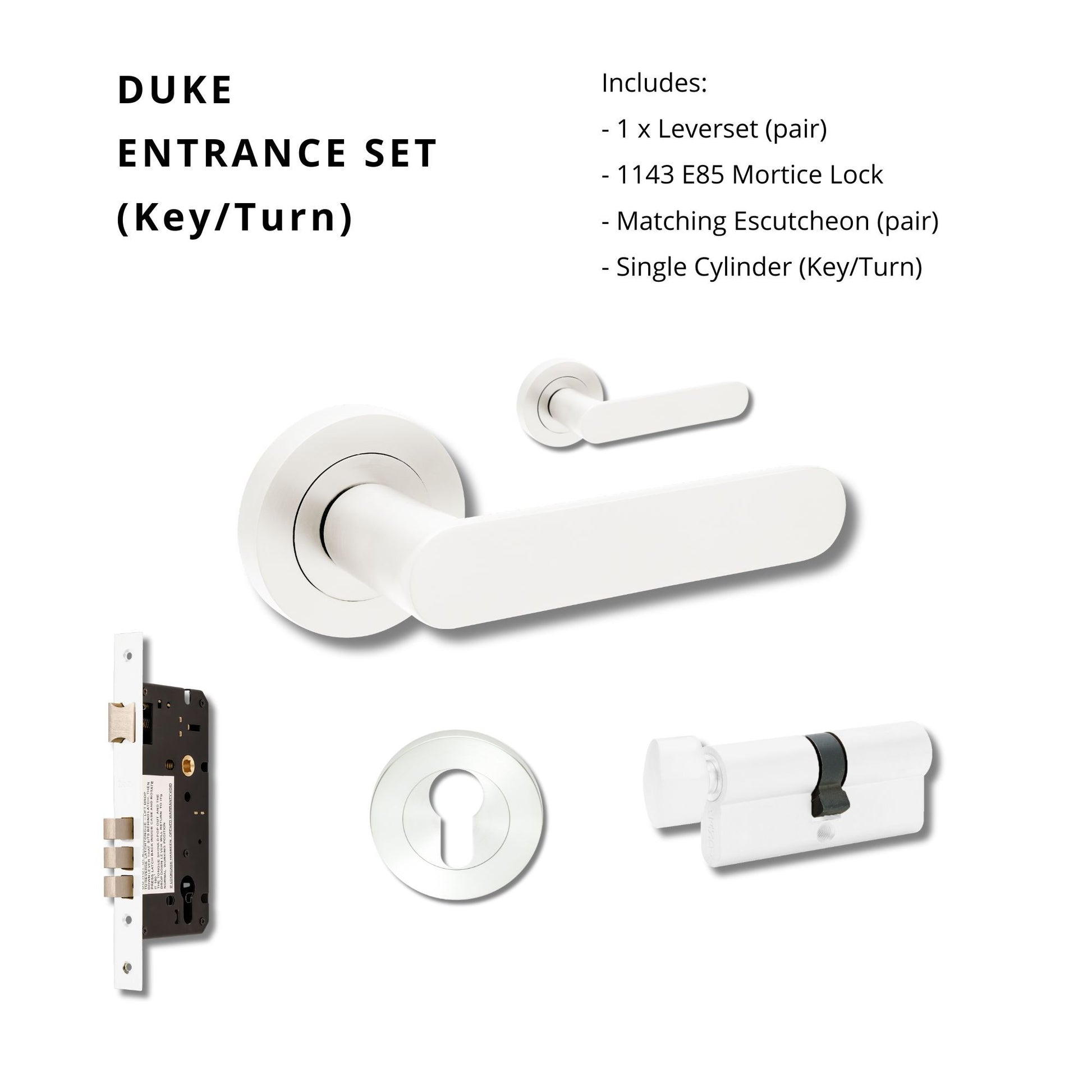 Duke Entrance Set - Includes 10090 Lever, 1143 Mortice Lock, 7020.2 Euro Esc. & 1148 Euro Cylinder (70mm Key/Turn) in White