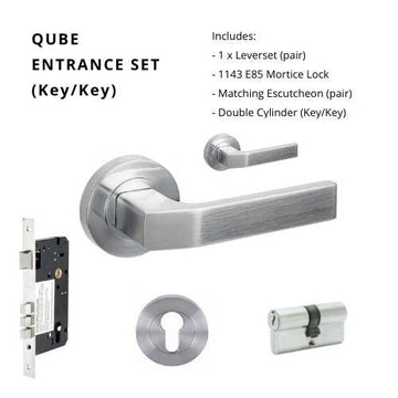 Qube Rose Entrance Set, Includes 7058, 1143, 7020 & 1121 (60mm Key/Key) in Satin Chrome