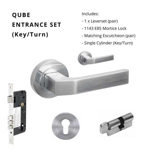 Qube Rose Entrance Set, Includes 7058, 1143, 7020 & 1148 (70mm Key/Turn) in Satin Chrome