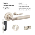 Zurich Rose Entrance Set, Includes 1143, 9349 & 1147 (70mm Key/Key) in Brushed Nickel