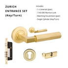 Zurich Rose Entrance Set, Includes 1143, 9349 & 1148 (70mm Key/Turn) in Satin Brass
