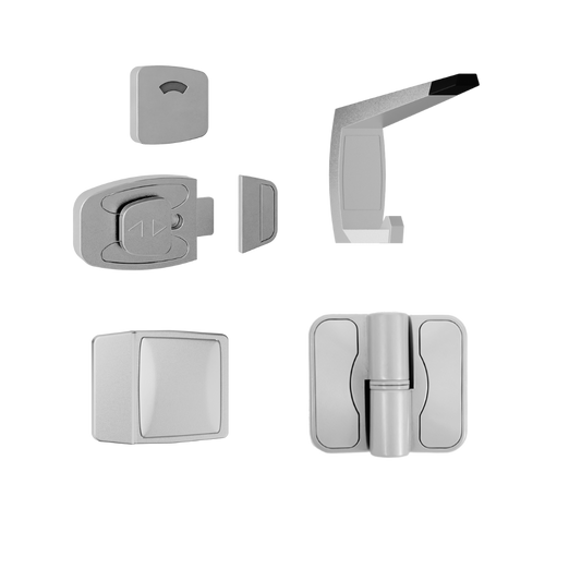 Lux Sera Kit Anti-Microbial, Vis Pack- Contains: 3 x Moda RH Spring Hinges, 1 x Moda Lock & Indicator Set, 1 x Moda Bumper, 1 x Moda Hook & Universal Screw Fixings   in Antimicrobial Coating