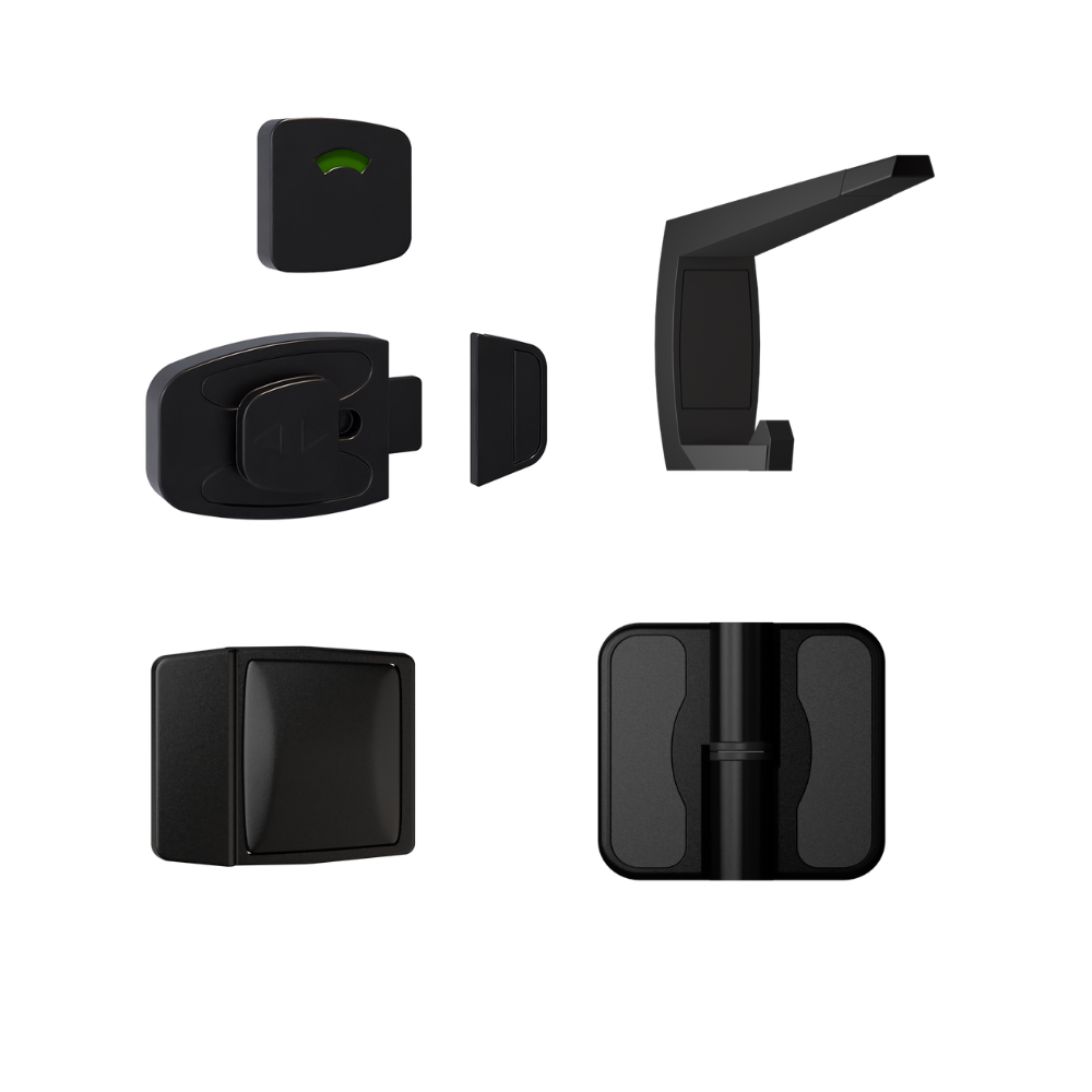 Lux Sera Kit Designer Black, Vis Pack - Contains: 3 x Moda RH Spring Hinges, 1 x Moda Lock & Indicator Set, 1 x Moda Bumper, 1 x Moda Hook & Universal Screw Fixings   in Designer Black