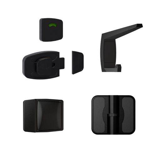 Lux Sera Kit Designer Black, Vis Pack - Contains: 3 x Moda RH Spring Hinges, 1 x Moda Lock & Indicator Set, 1 x Moda Bumper, 1 x Moda Hook & Universal Screw Fixings   in Designer Black