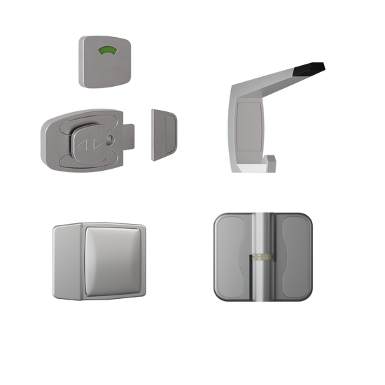 Lux Sera Kit SCP, Vis Pack - Contains: 3 x Moda RH Spring Hinges, 1 x Moda Lock & Indicator Set, 1 x Moda Bumper,   1 x Moda Hook & Universal Screw Fixings   in Satin Chrome