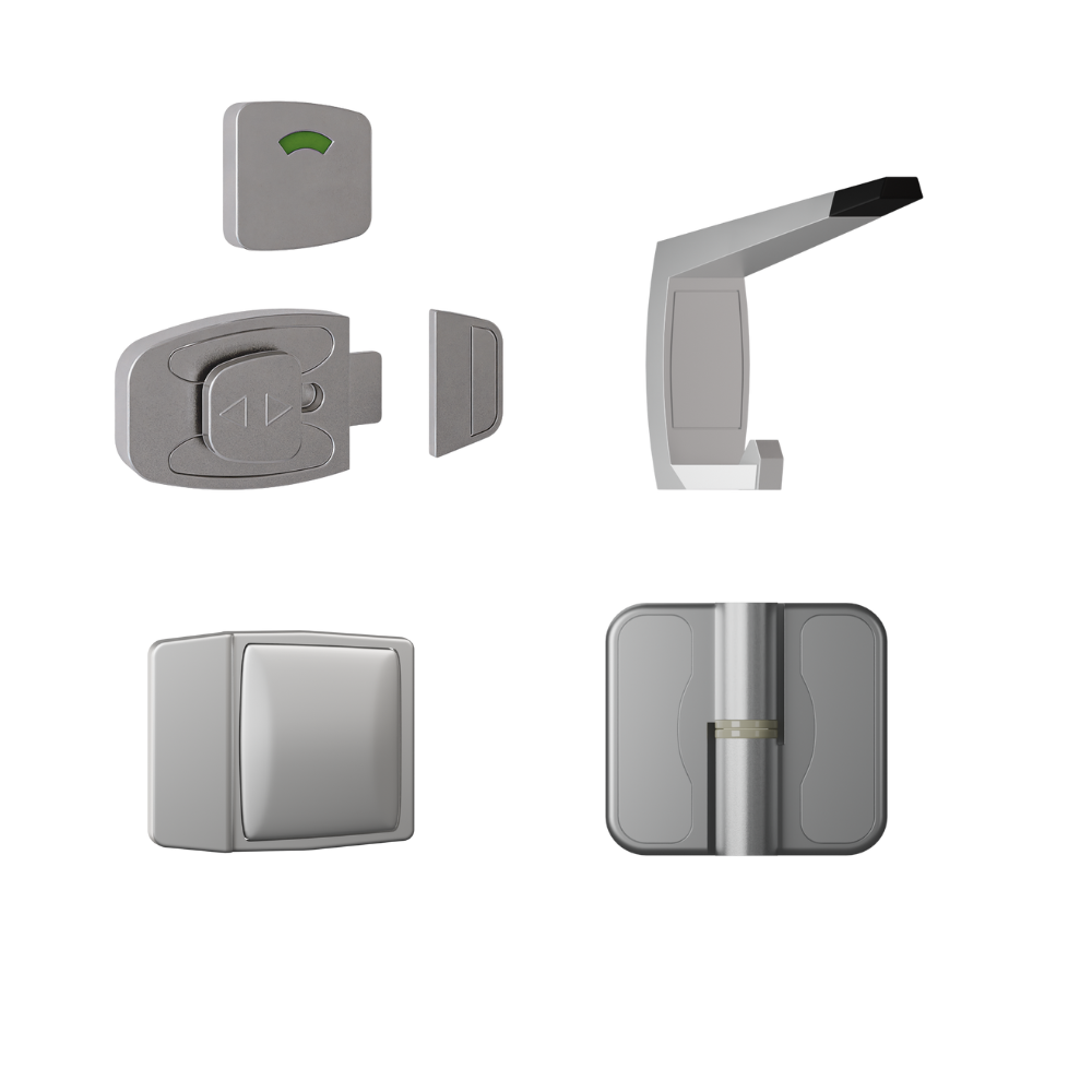 Lux Sera Kit SCP, Vis Pack - Contains: 3 x Moda RH Spring Hinges, 1 x Moda Lock & Indicator Set, 1 x Moda Bumper,   1 x Moda Hook & Universal Screw Fixings   in Satin Chrome