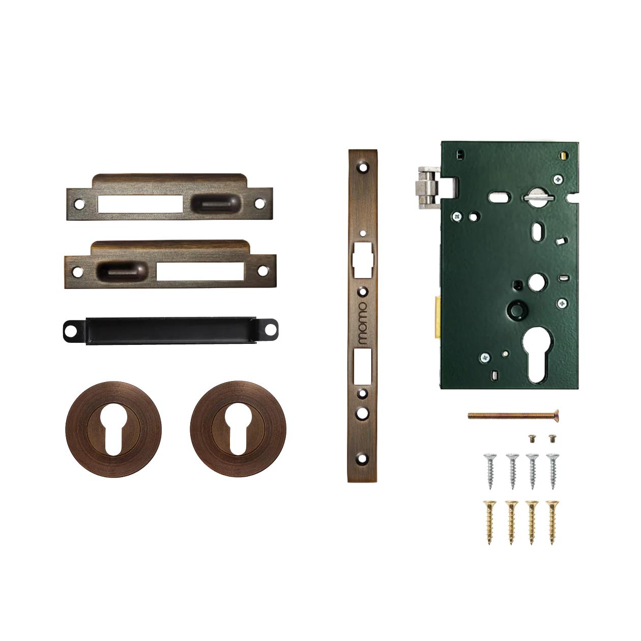 Bronze Momo Roller Mortice Lock with key and latch mechanism, showing the sleek design and secure locking features.