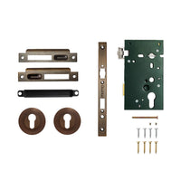 Bronze Momo Roller Mortice Lock with key and latch mechanism, showing the sleek design and secure locking features.