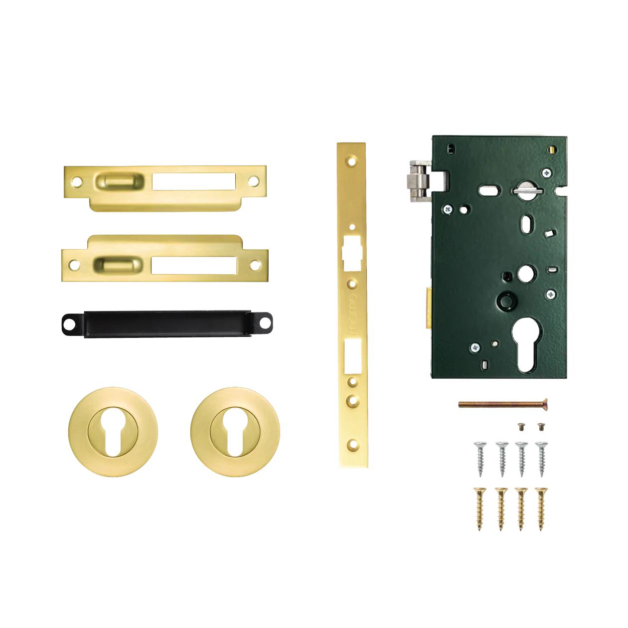 Momo Roller Mortice Lock with brass finish, featuring a sturdy metal design and keyhole for secure door locking.