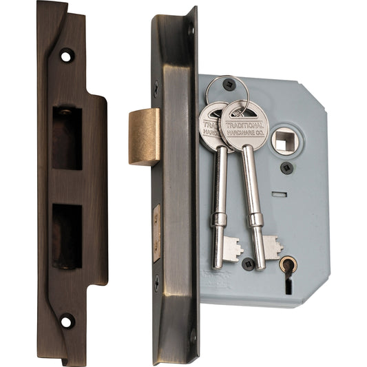 Mortice Lock 5 Lever Rebated Antique Brass CTC57mm Backset 57mm in Antique Brass