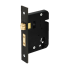 Black Zanda Roller Mortice Lock, heavy-duty architectural hardware for secure door fastening, shown in a close-up image.