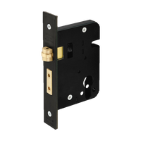 Black Zanda Roller Mortice Lock, heavy-duty architectural hardware for secure door fastening, shown in a close-up image.