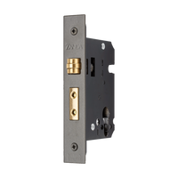 Heavy-duty Zanda Roller Mortice Lock installed on door, showcasing architectural hardware with brass finish and secure locking mechanism.