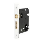 Zanda heavy duty roller mortice lock installed on a door, showcasing architectural hardware with a white finish.