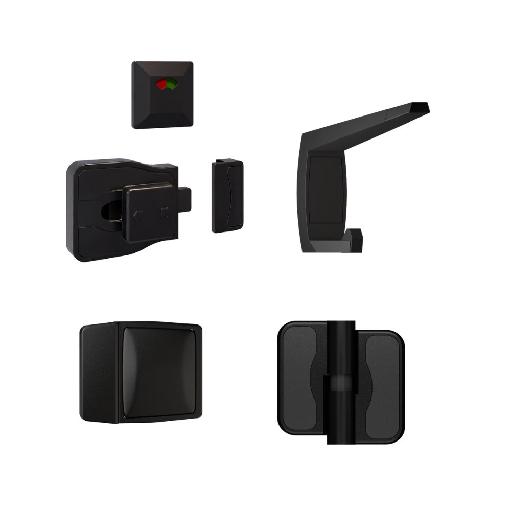 Moda Gravity Series Kit Designer Black - Contains: 3x Moda RH Gravity Hinges, 1x Moda Lock & Indicator Set, 1x Moda Hook, 1x Moda Bumper & Universal Screw Fixings  in Designer Black